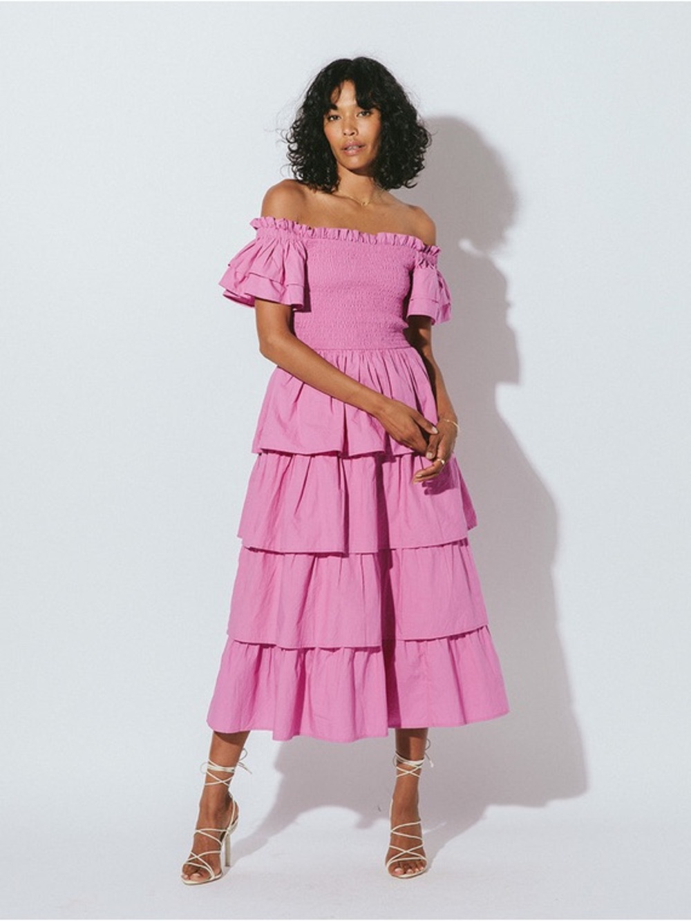 Cleobella Kaiya Tiered Off-the-Shoulder Midi Dress Azalea Fuchsia Pink
